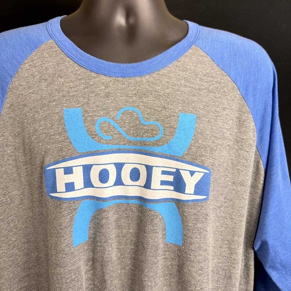 Hooey Men's XL 3/4 Sleeve Raglan Baseball T-Shirt Gray & Blue Logo Spellout